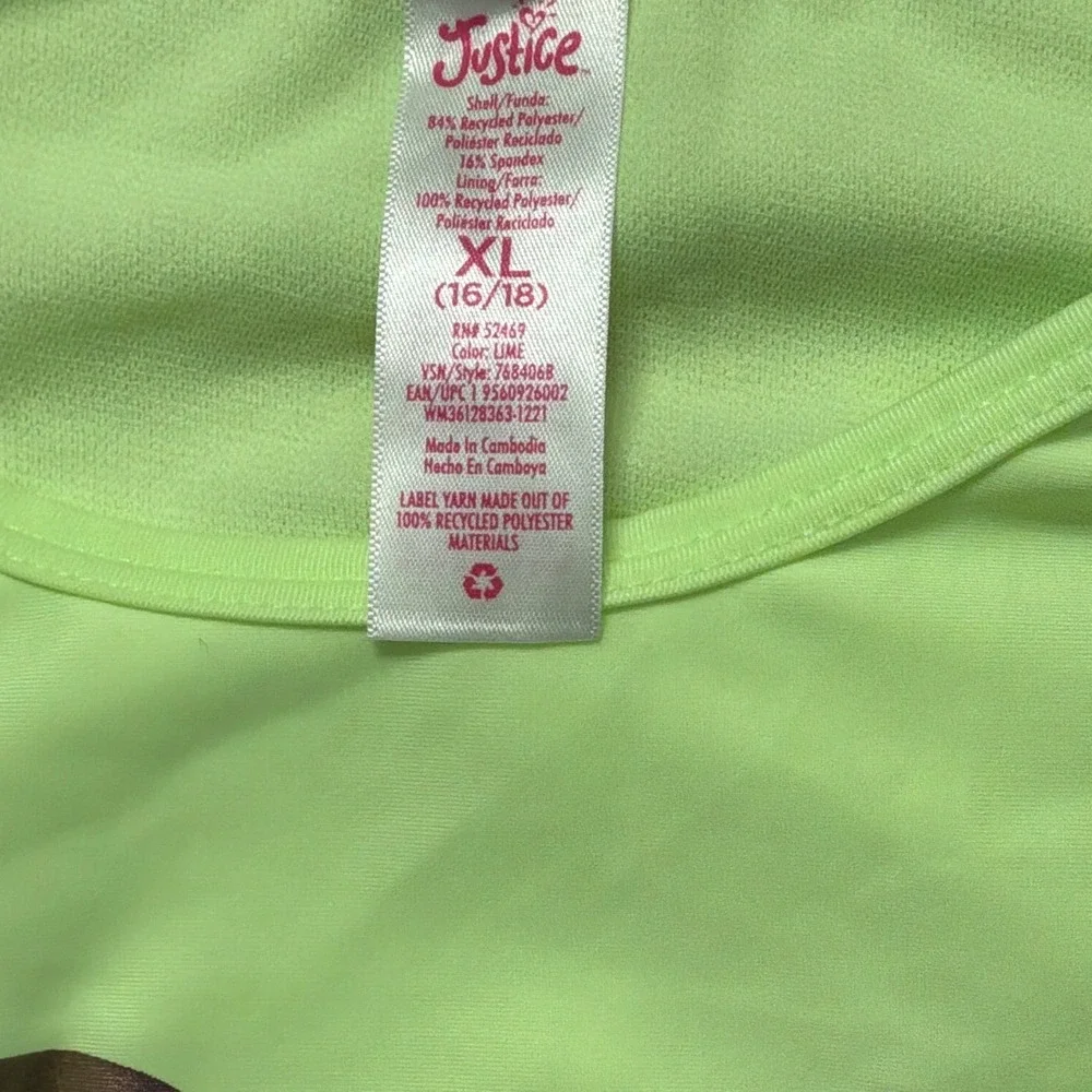 Justice Sport Girls Neon Lime Green‎ Lace Up 2 Piece Swimsuit Set XL 16/18